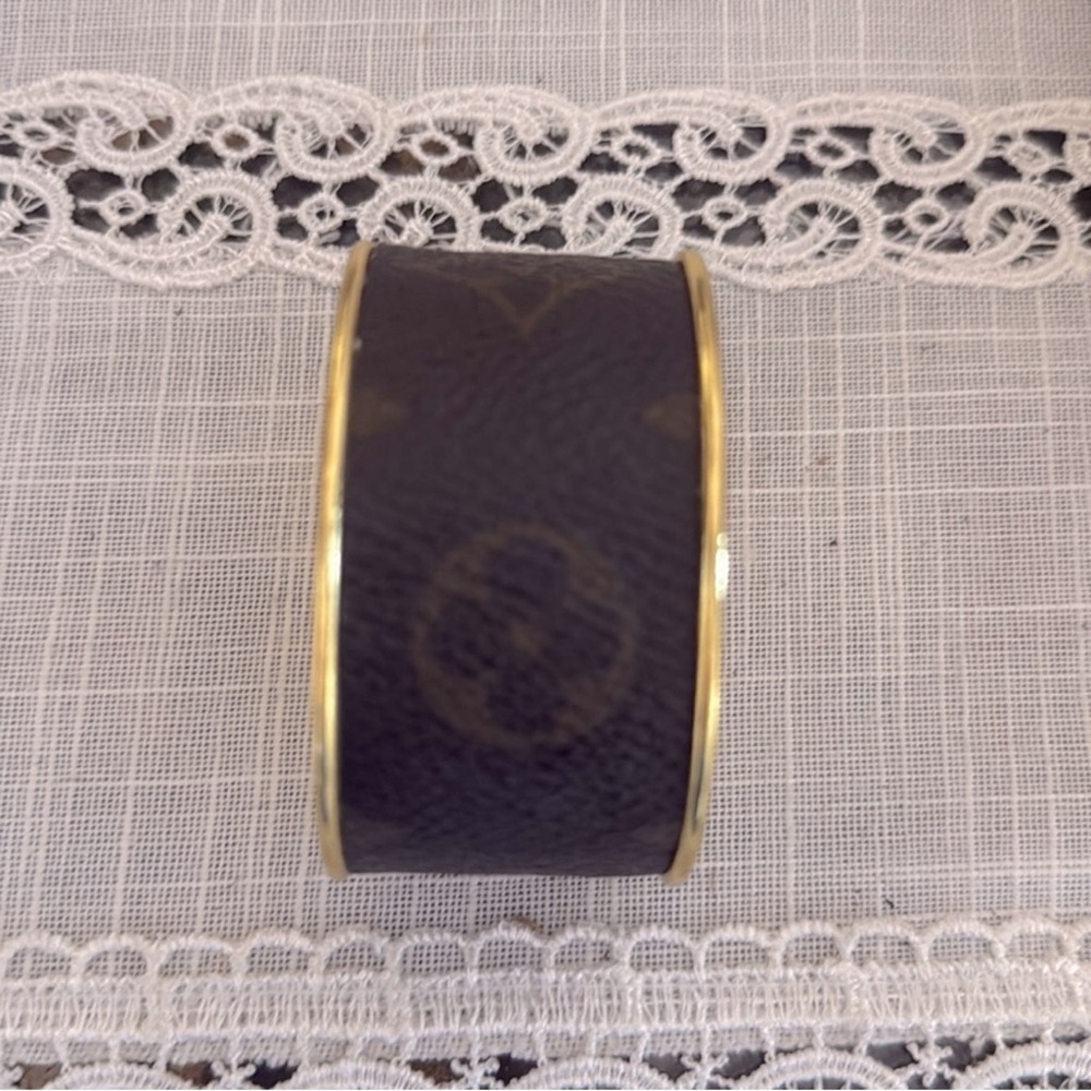 Gold Tone cuff bracelet made with Authentic LV Designer Canvas
